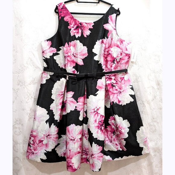 Floral Pleated Full Flare Dress 24 Shantung Bow Belt Pockets Retro Prom Party - Picture 1 of 6